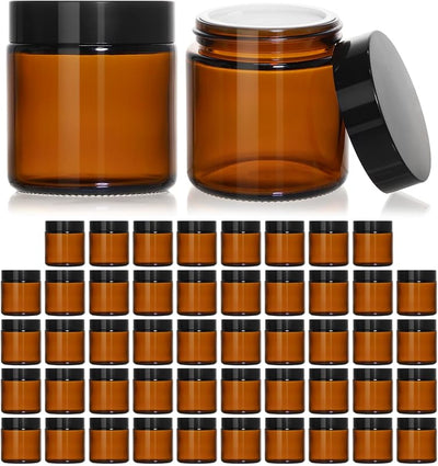 48 Tarros Vidrio Ámbar 4oz Tapas Negras para Cosméticos