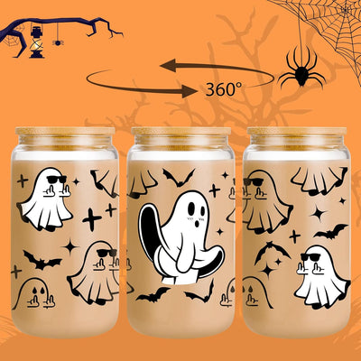 Taza cristal Halloween con tapa y pajita 16oz dedo murciélago