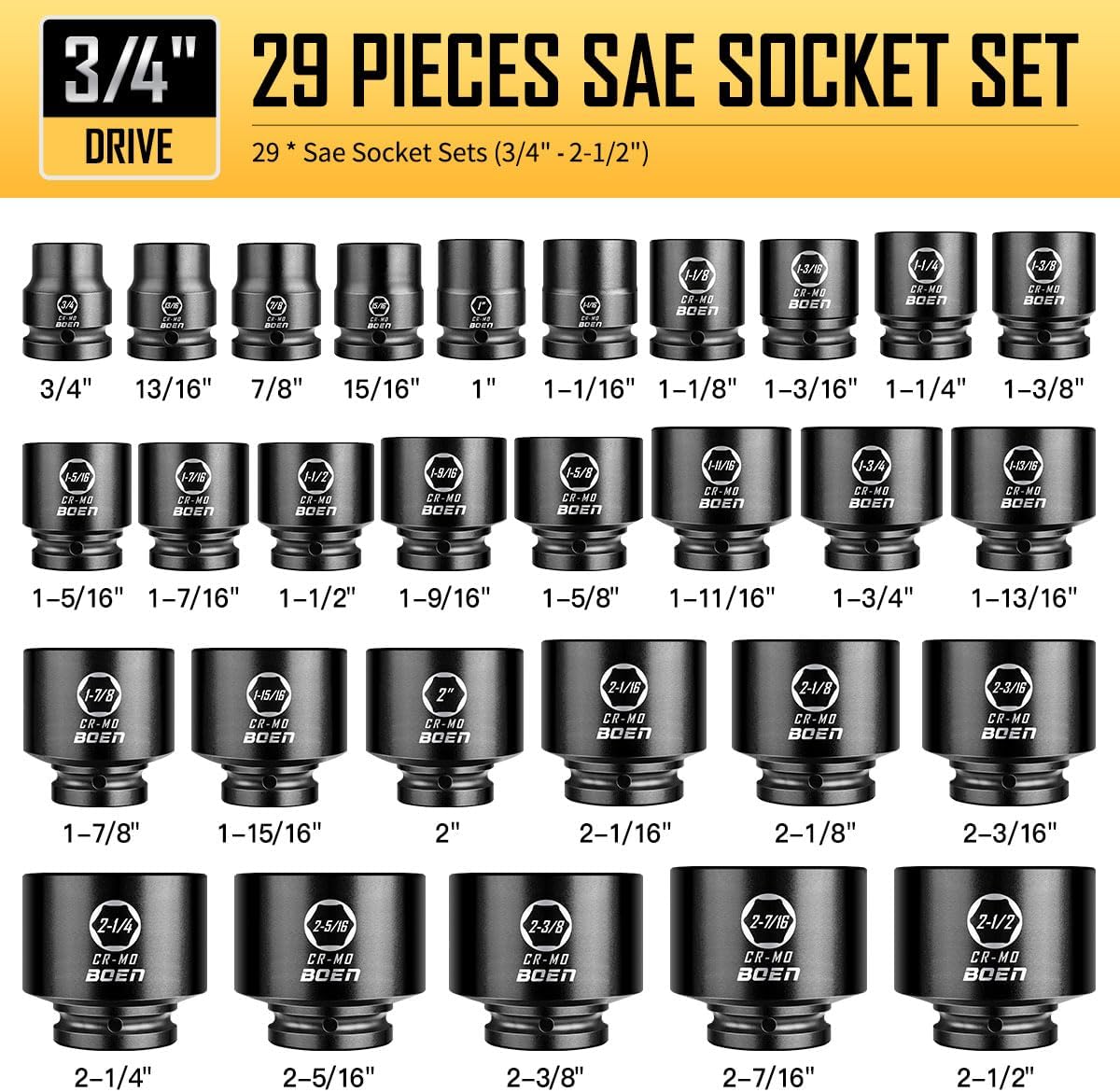 Set 29 Pzas Llaves Impacto SAE 3/4pulg Estuche