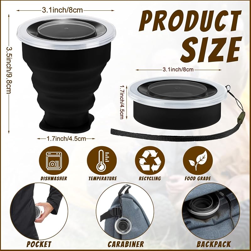 12 Tazas Silicona 7.04oz Plegables para Viajar con Tapas