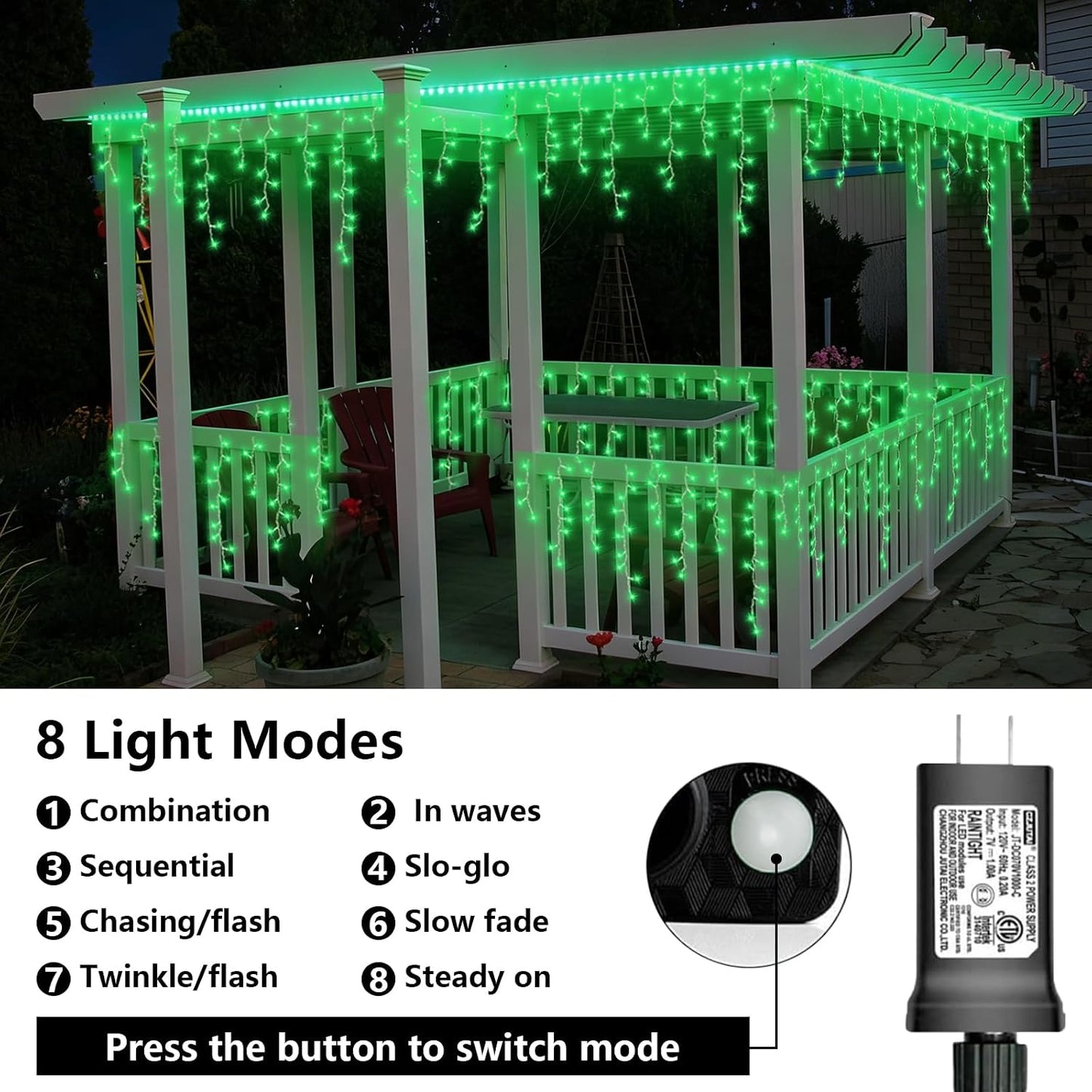 Luces carámbanos verdes 33ft 400LED enchufe 8 modos