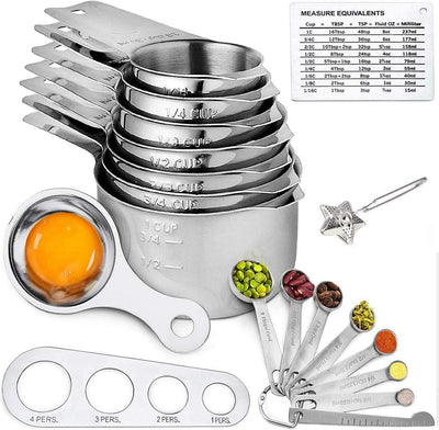 Set 19 Tazas y Cucharas Acero Inox Anidables Apilables