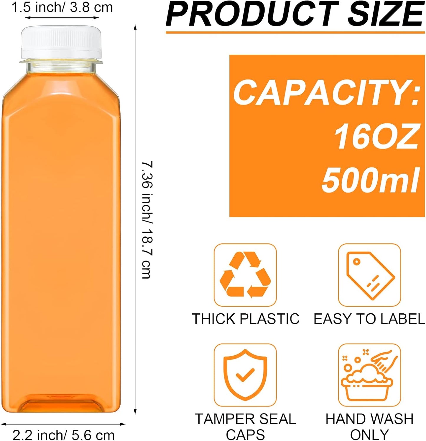 200 Botellas PET Vacías 16oz con Tapas Reutilizables