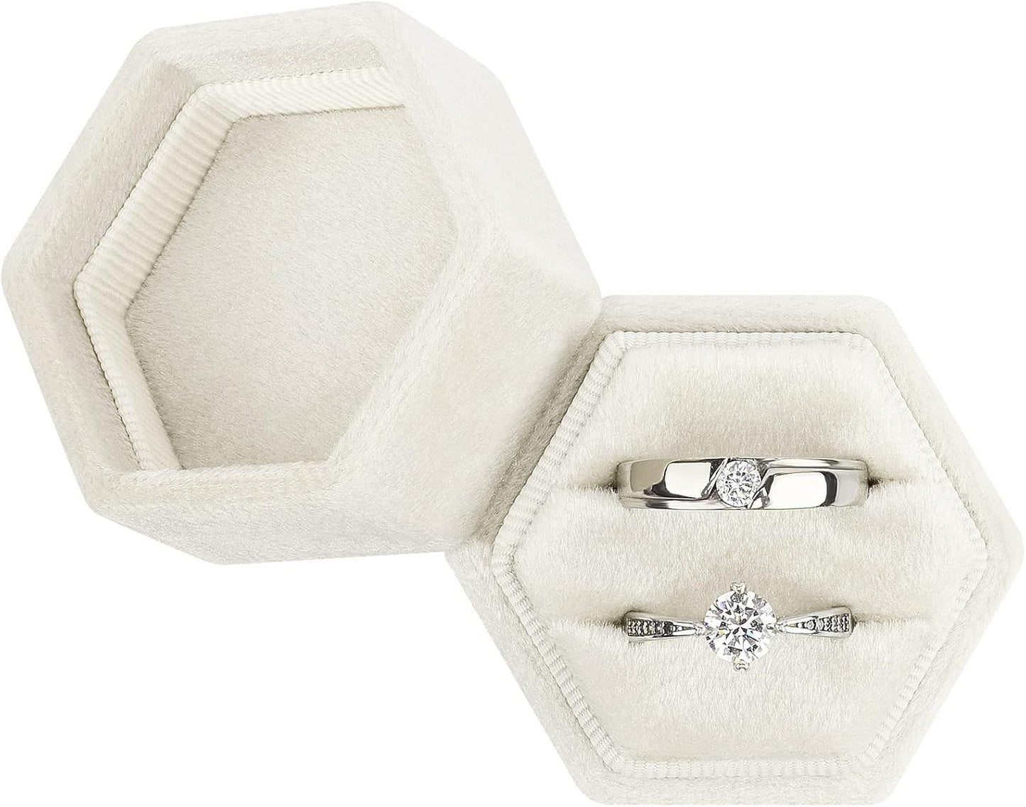 Caja terciopelo anillos vintage doble con tapa beige