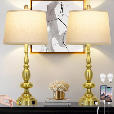 2 Lámparas Mesa 29" Sala USB Regulables 3 Vías Doradas