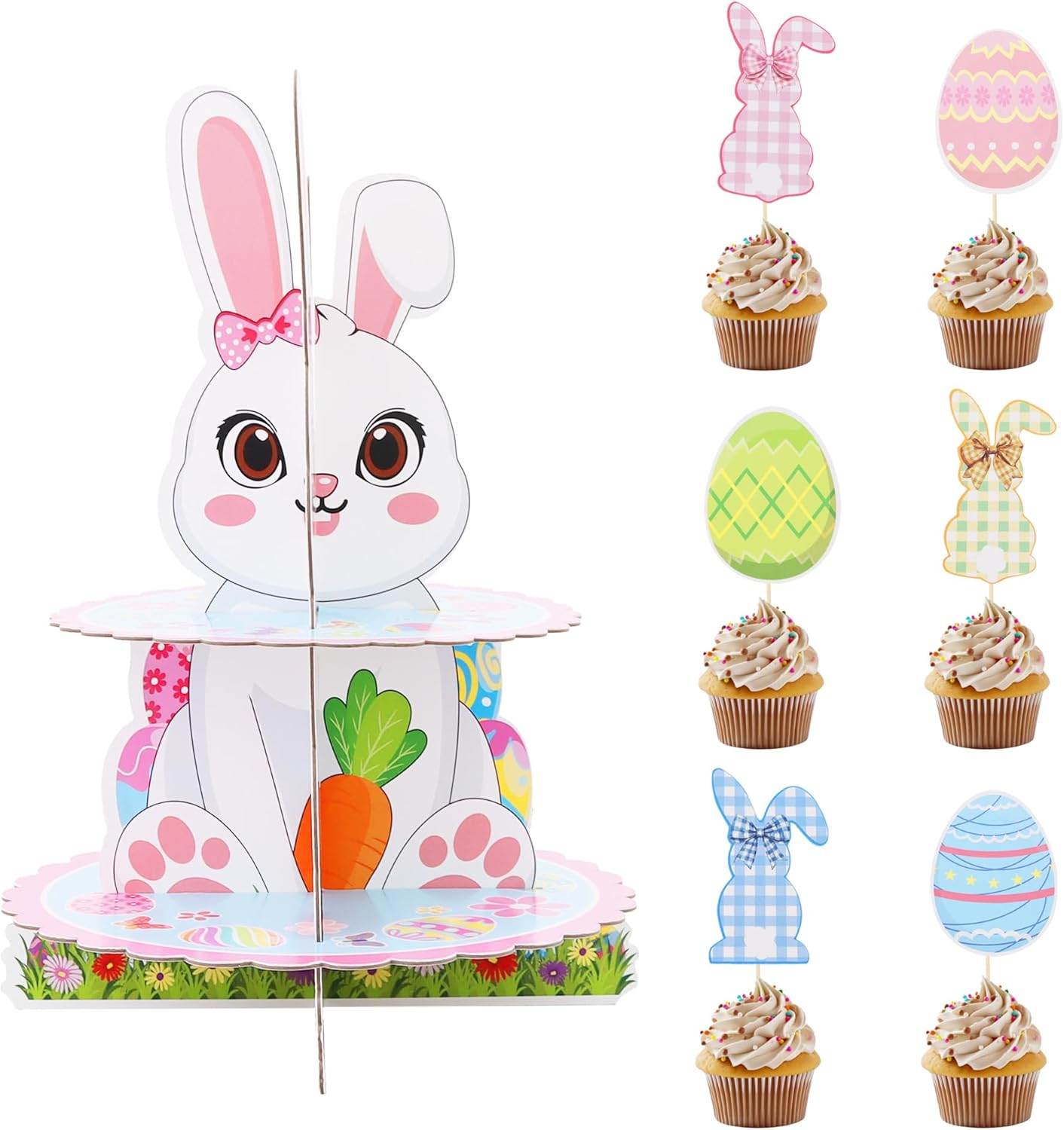Soporte cupcakes conejo Pascua 2 niveles 16 piezas adornos
