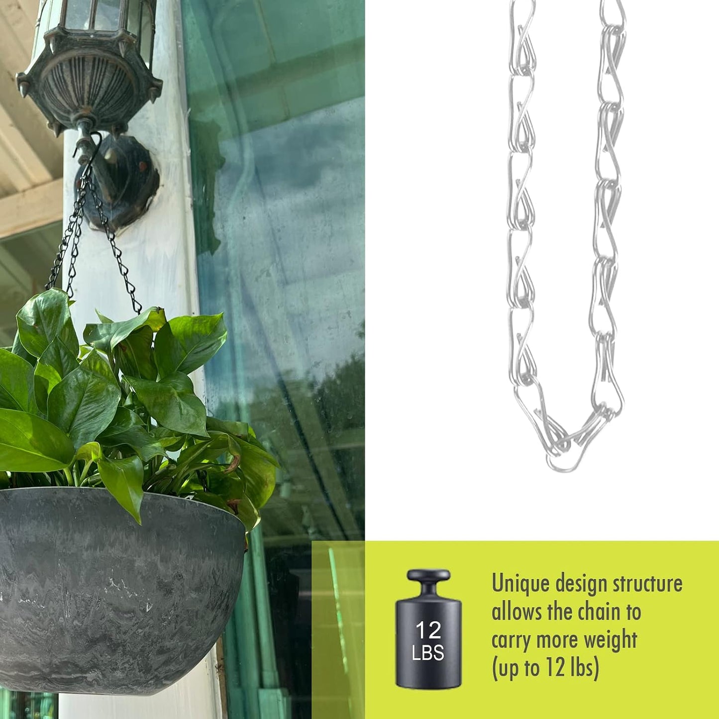 Cadena plateada para macetas colgantes con ganchos y campanilla