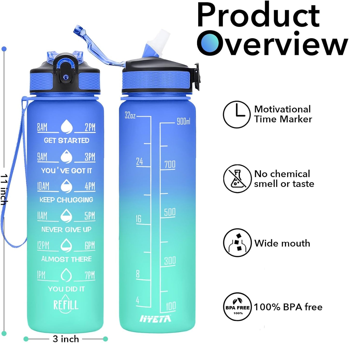 Botella agua Tritan 32oz con marcador tiempo fitness