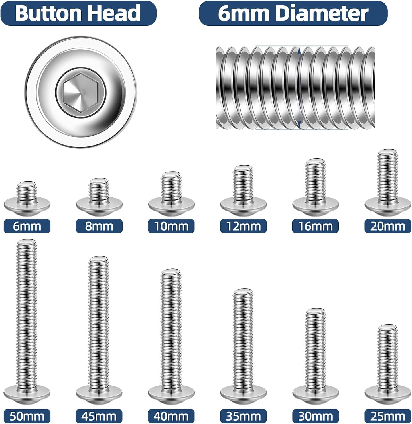 Tornillos cabeza botón M6 acero inox 18-8 brillante set 25