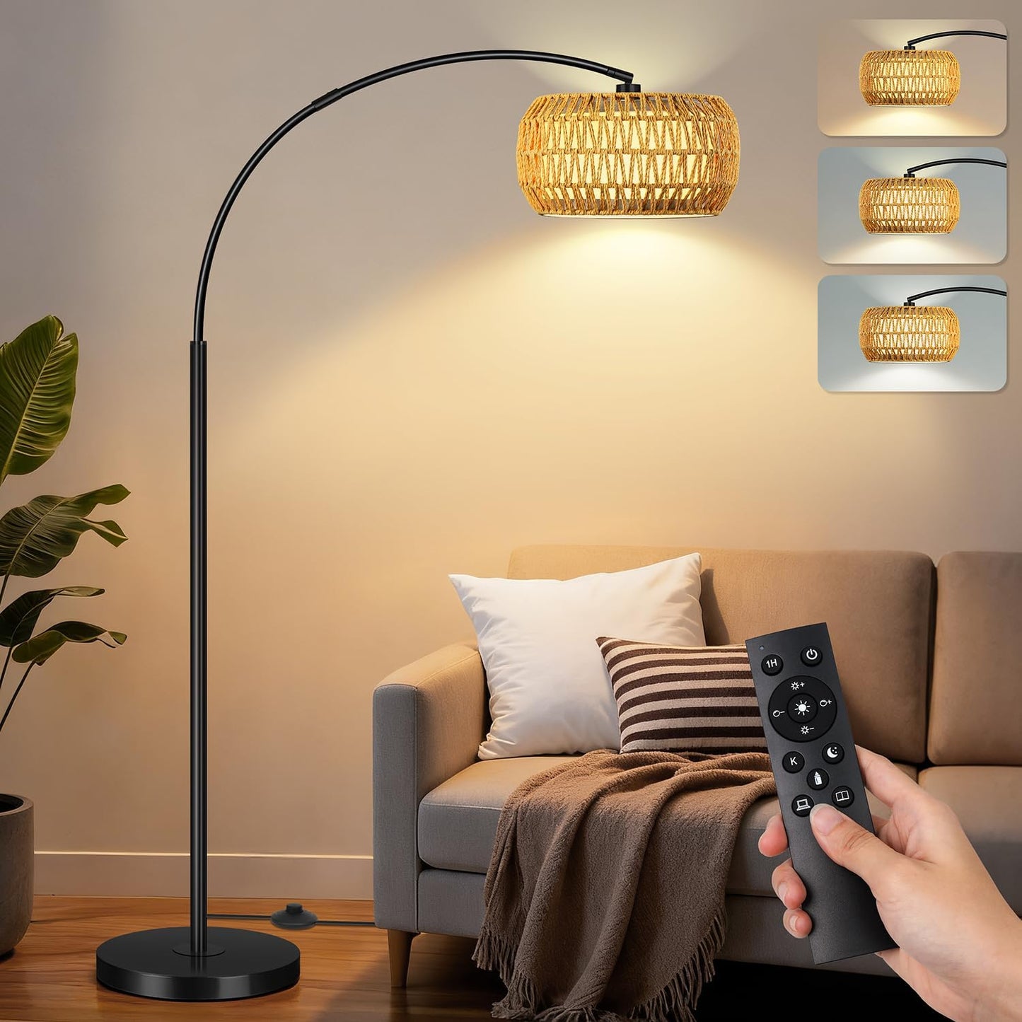 Lámpara pie arco bohemia ratán control remoto led dormitorio