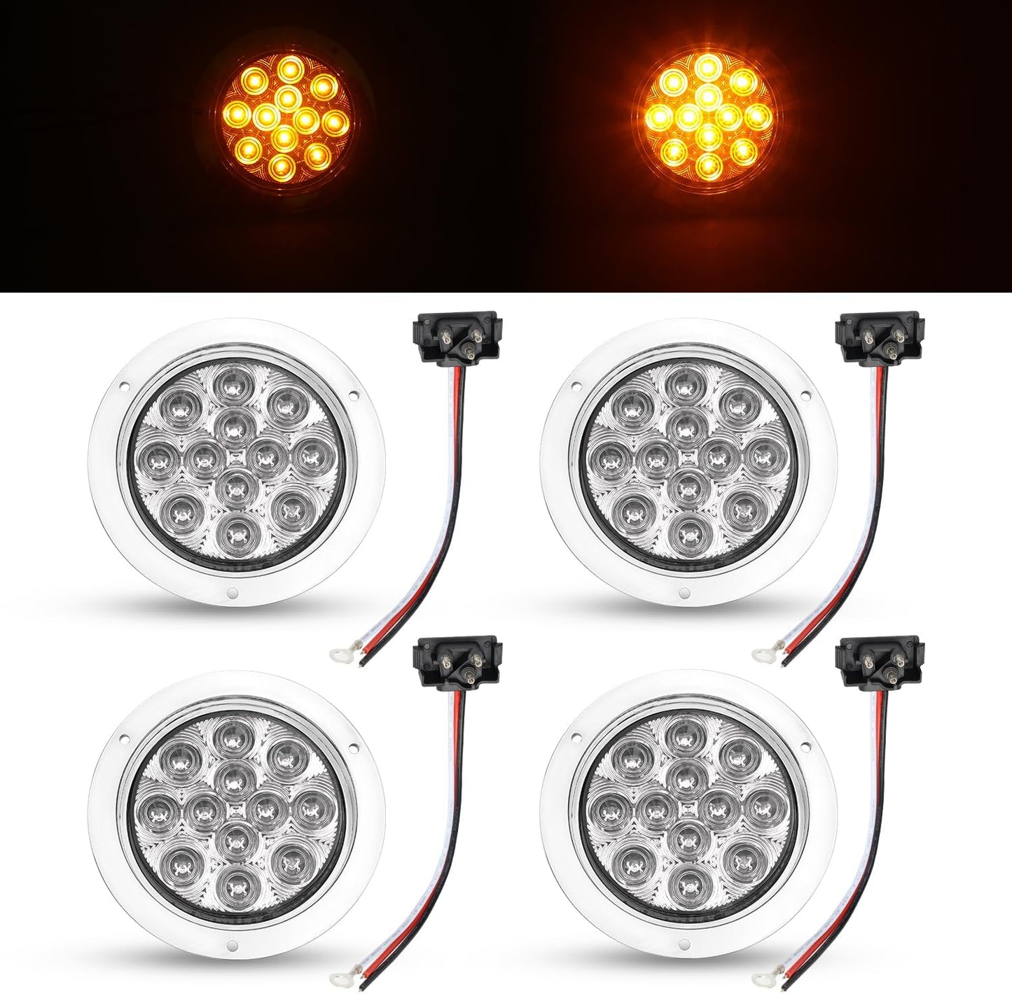 4 Luces traseras redondas 4" lente ámbar 12LED bisel cromado