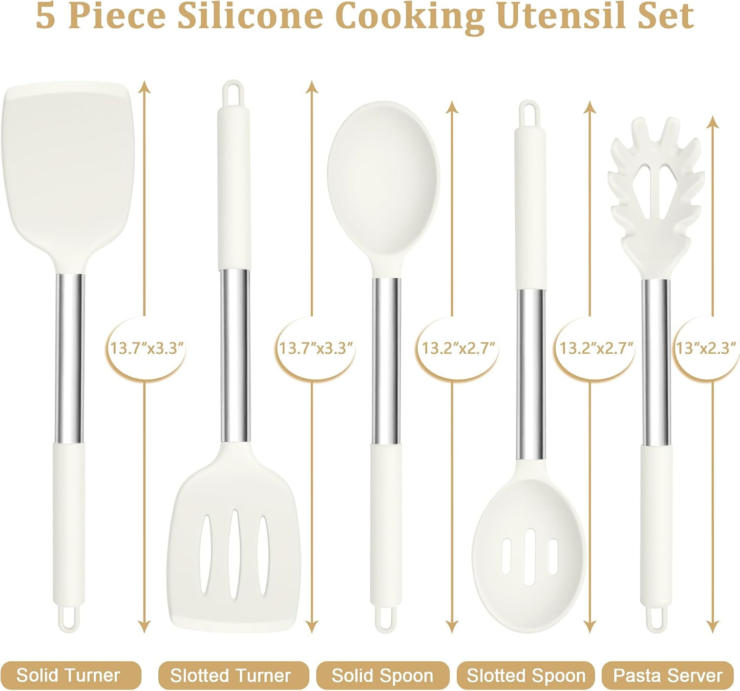 Set 5 Utensilios Silicona Mango Acero Inox Antiadherente