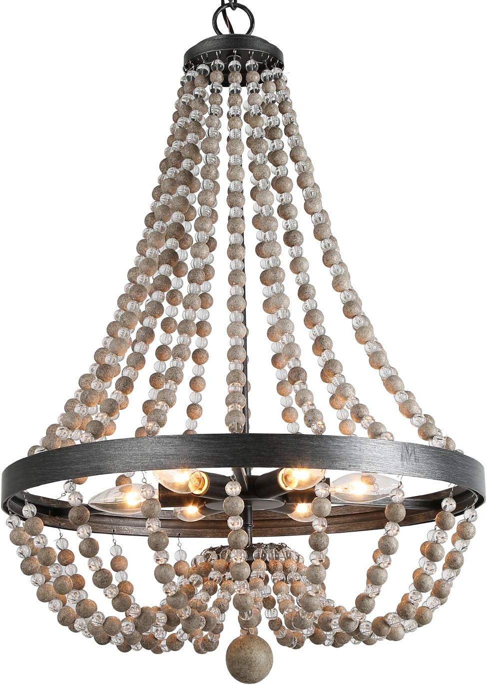 Lámpara araña bohemia 6 luces madera hecha a mano 28pulg