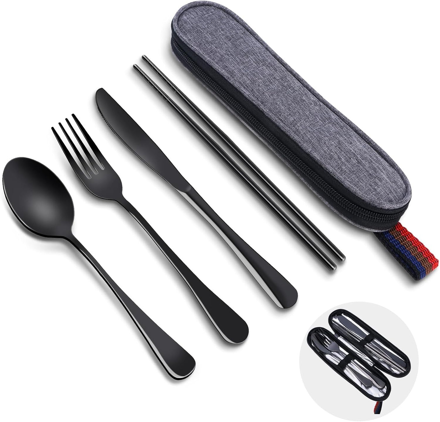 Set cubiertos acero inox portátiles viaje camping