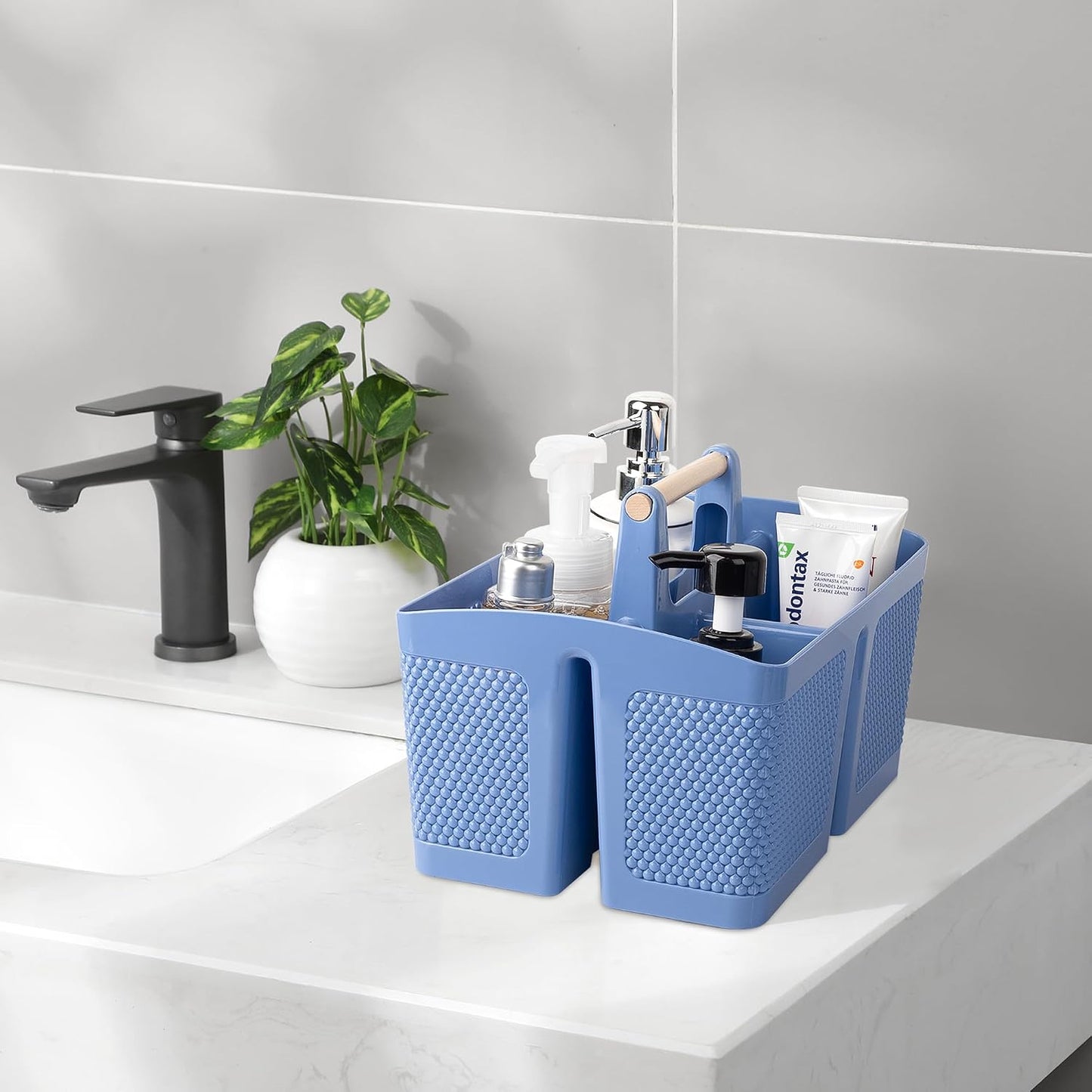 Bolsa almacenamiento baño plástico con asa azul oscuro