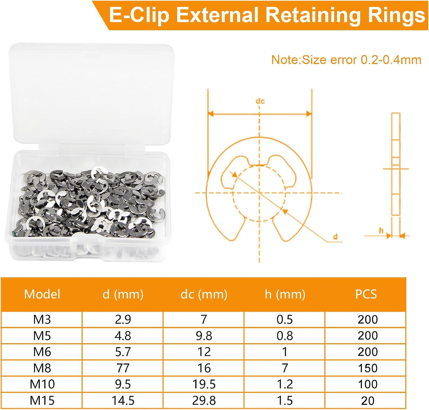 200 Pzas E-clip 6mm Acero Inox 304 para Ejes y Válvulas