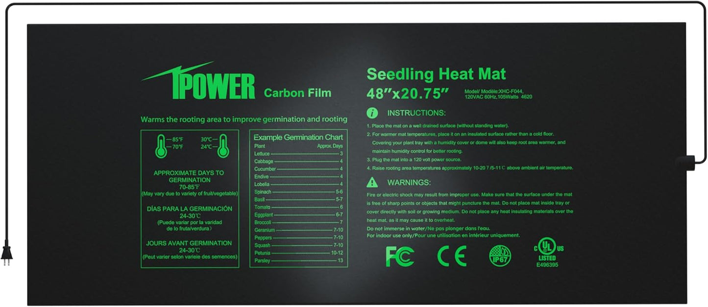 Tapete térmico siembra 48x20.75pulg película carbono hidropónico