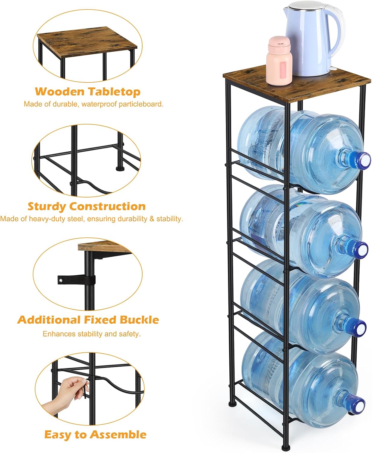 Soporte jarra agua 5gal 4 niveles almacenamiento marrón