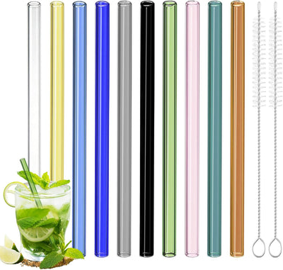 Juego de 10 popotes de vidrio coloridos resistentes con cepillos