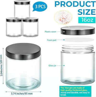Set 3 Tarros Vidrio 16oz Tapas Cosméticos 480ml Rellenables