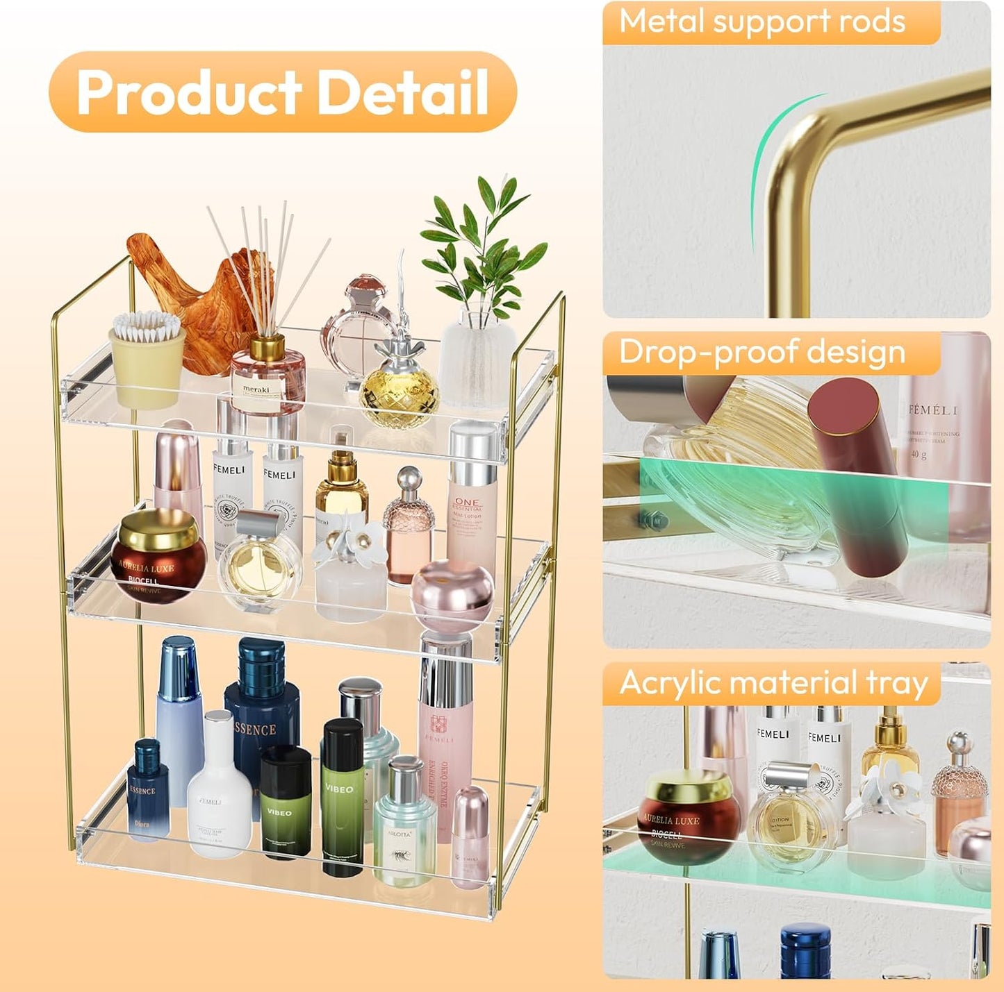 Organiz. encimera baño 3 niveles acrílico soporte cosméticos
