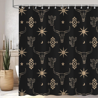 Cortina ducha bohemio calavera vaca negro dorado