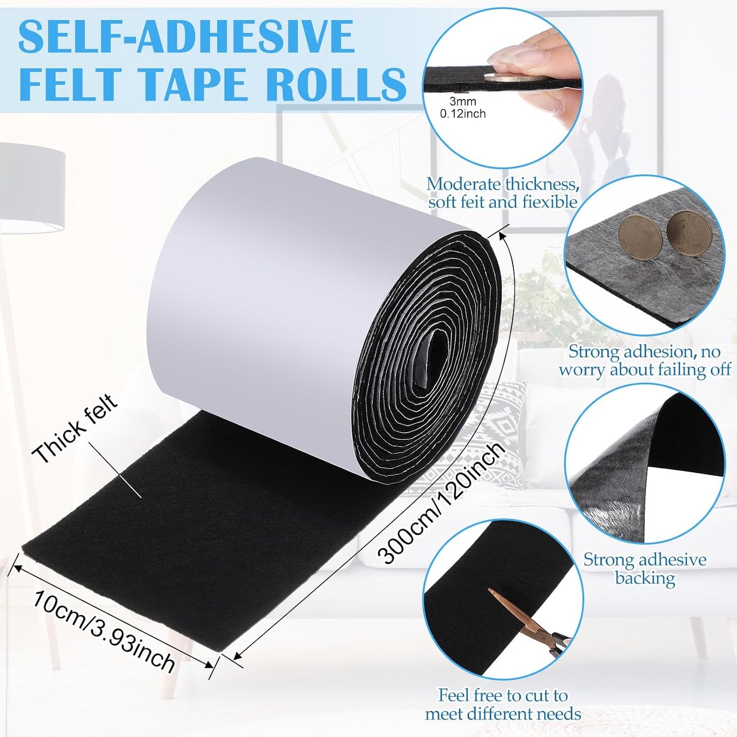 4 Rollos Cinta Fieltro Adhesiva para Muebles