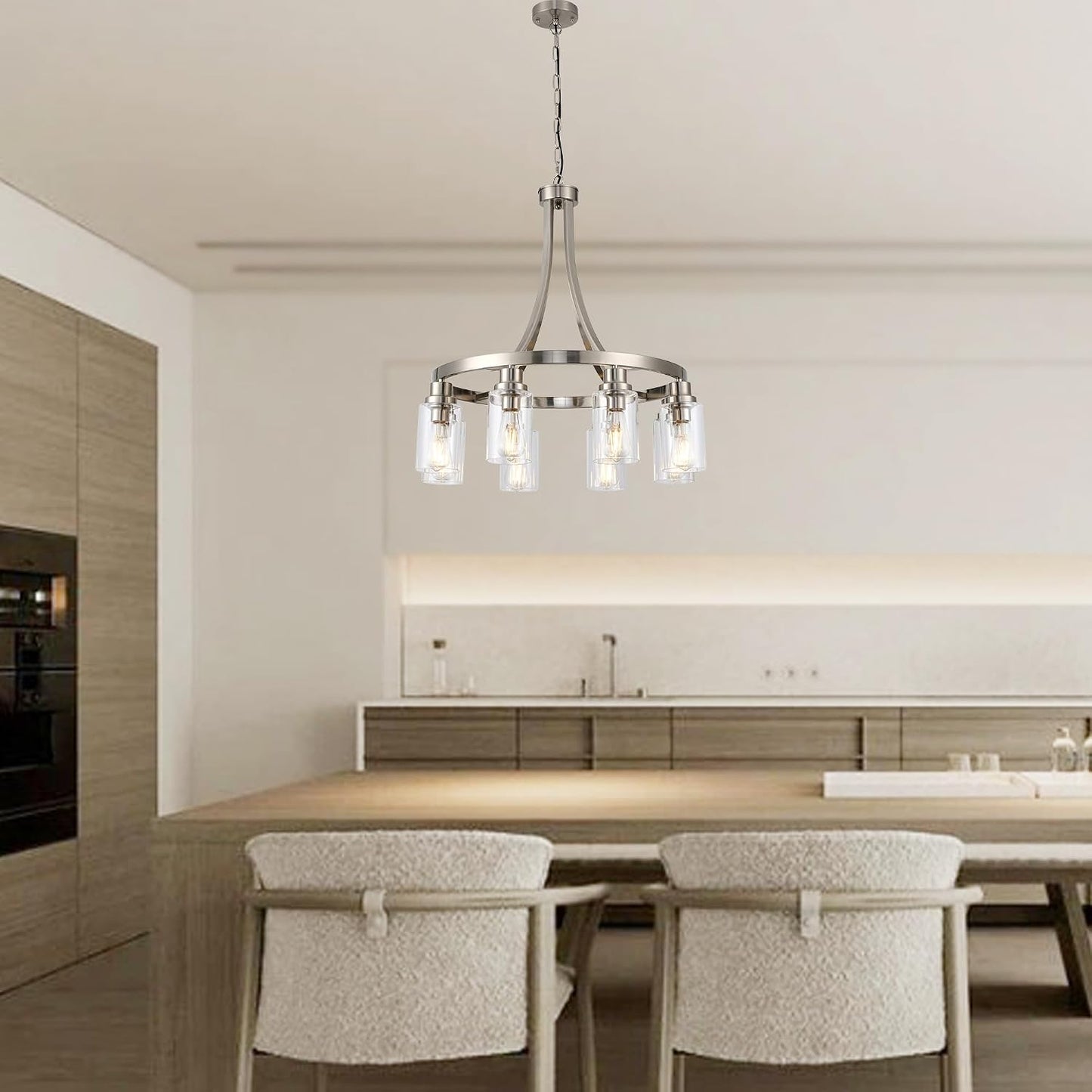 Lámpara colgante níquel 8 luces vidrio comedor