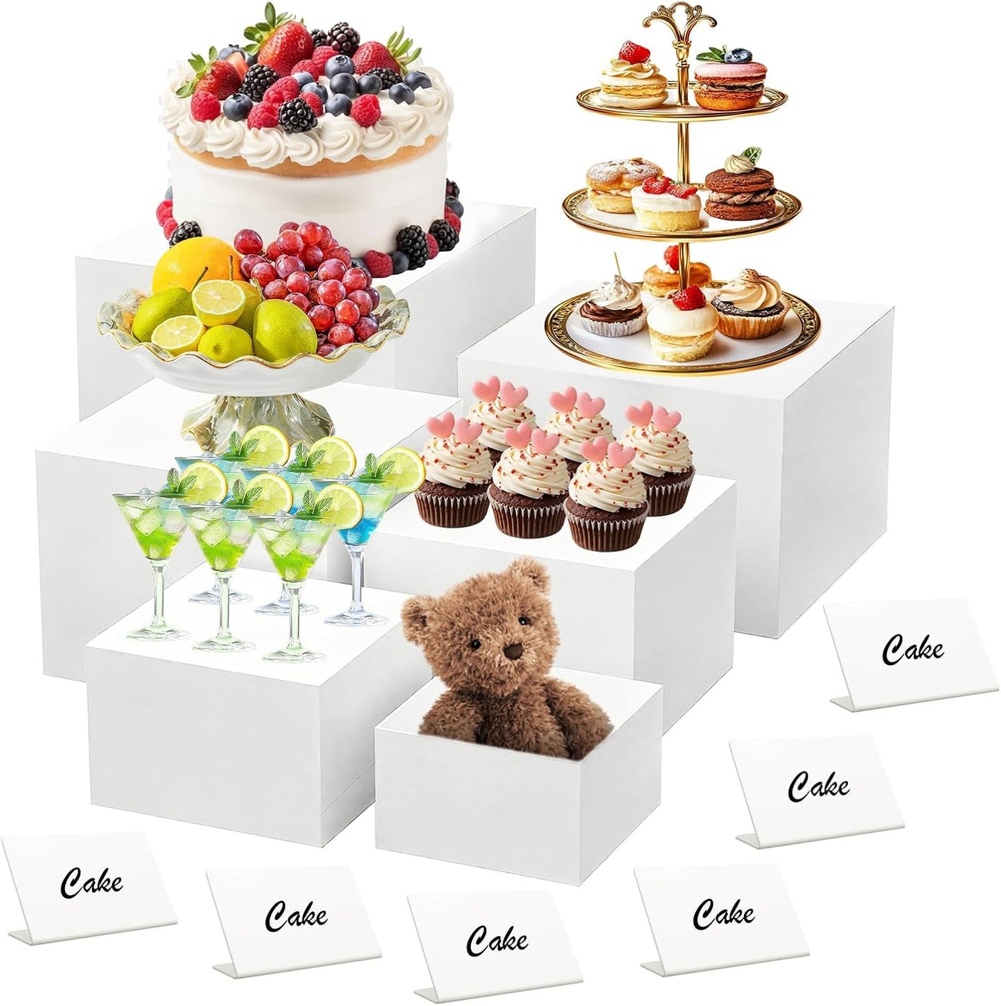 6 Elevadores Acrílico Blanco con Letreros para Mesa Buffet