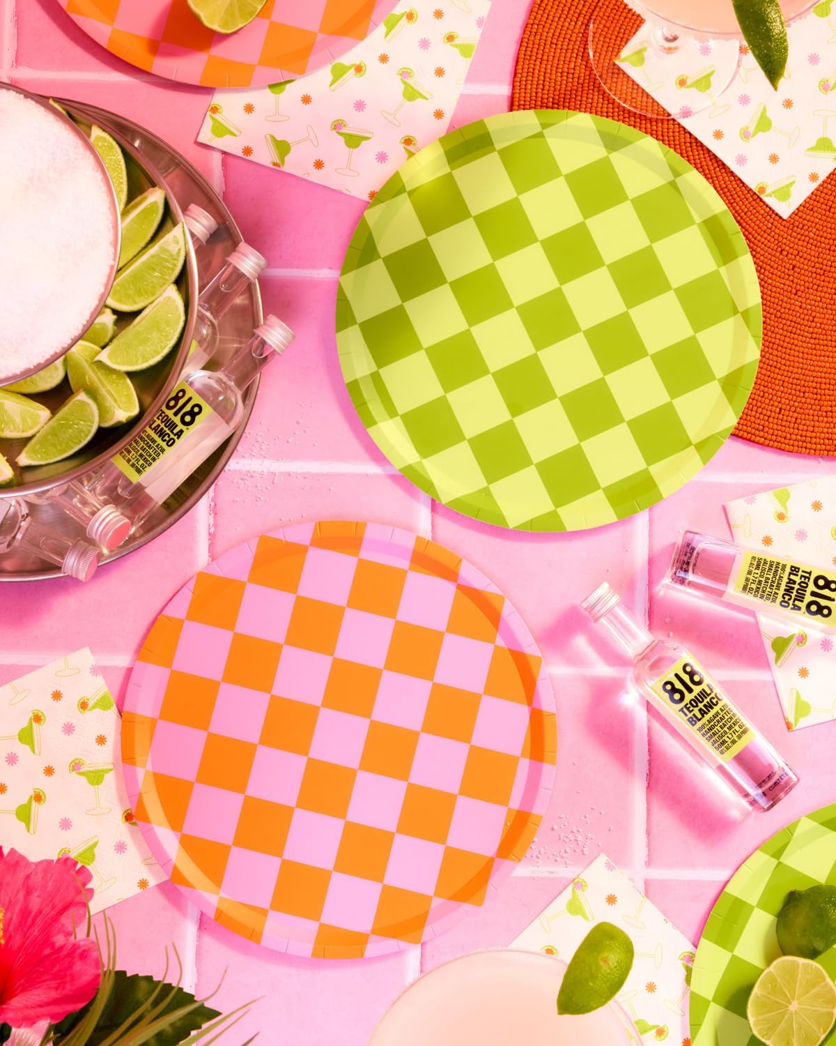 Platos papel cuadros rosa verde 9" 24uds fiesta