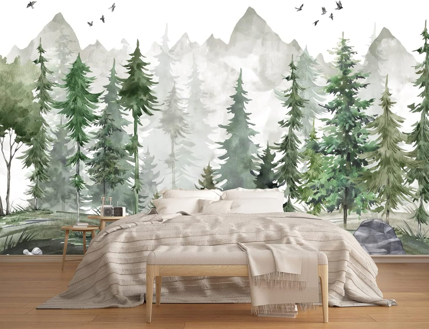 Papel Tapiz Acuarela Verde Mural de Bosque para Bebé