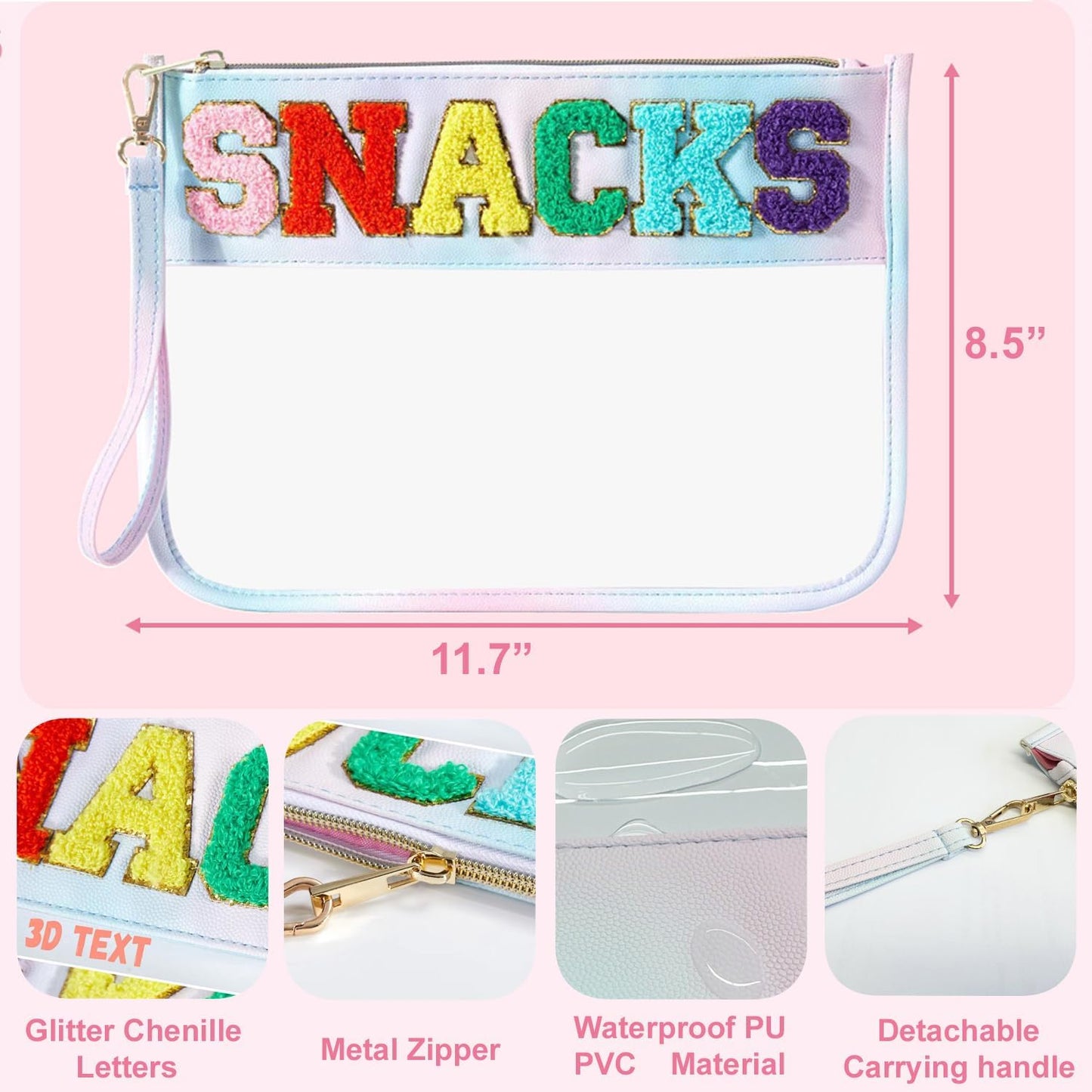 Bolsa viaje snacks maquillaje chenilla con parches impermeable