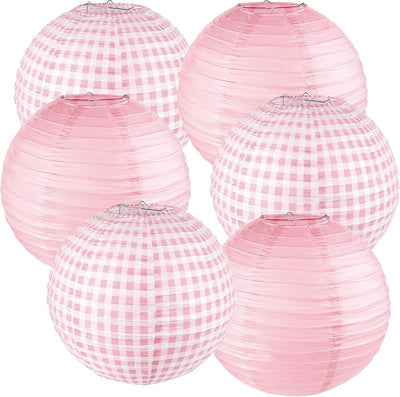 6 Faroles Papel Rosa Cuadros Rosas y Blancas para Fiesta Boda
