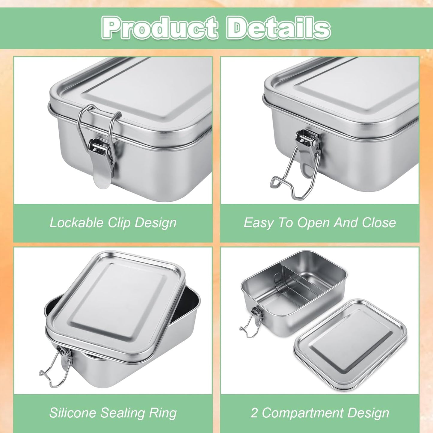 4 Pzas Fiambreras Acero Inox 29oz con 2 Compartimentos