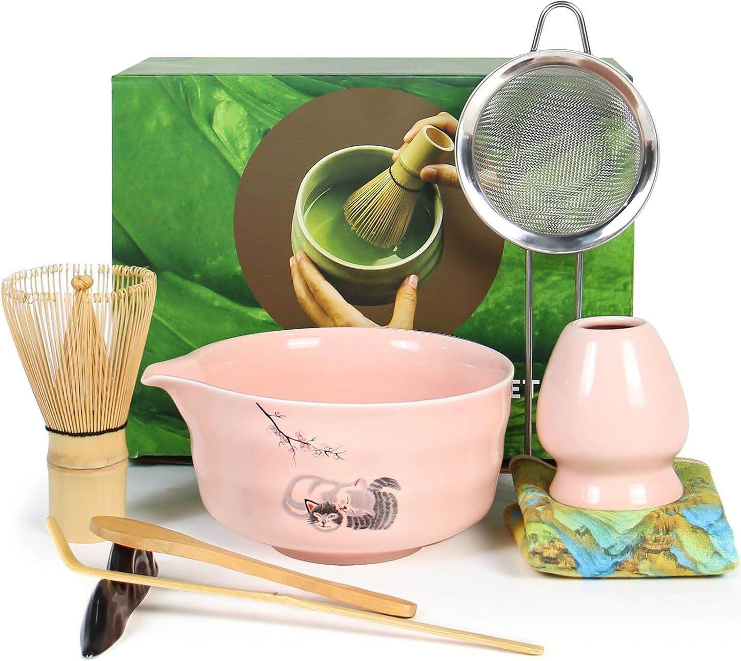 Juego batidor matcha rosa ceremonial con tazón cuchara tamiz