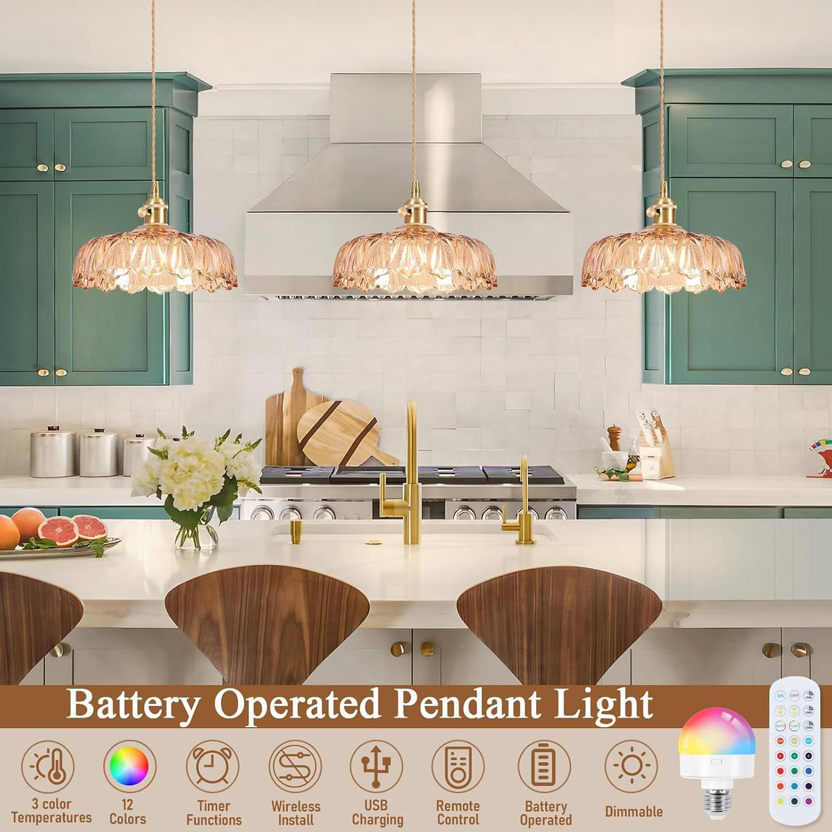 Lámpara colgante vintage RGB ajustable 9.4pulg isla cocina set 2