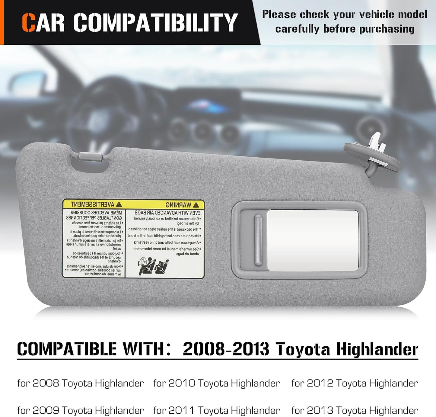 Visera solar luz Toyota Highlander 08-13 lado derecho gris