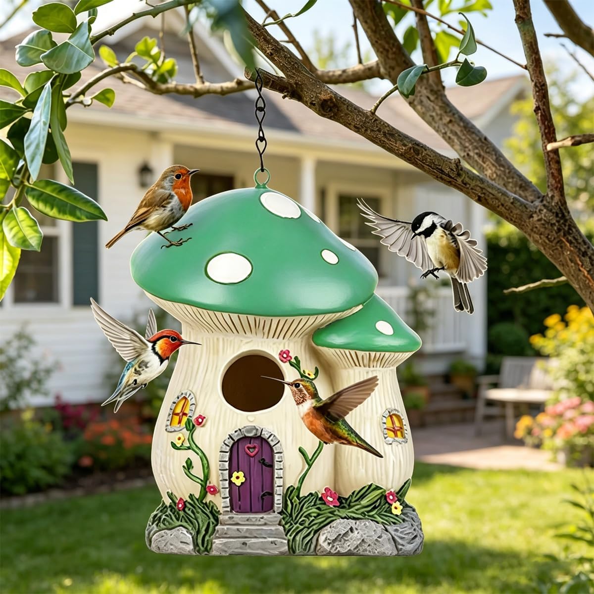 Casa pájaros resina hongos colgante patio resistente
