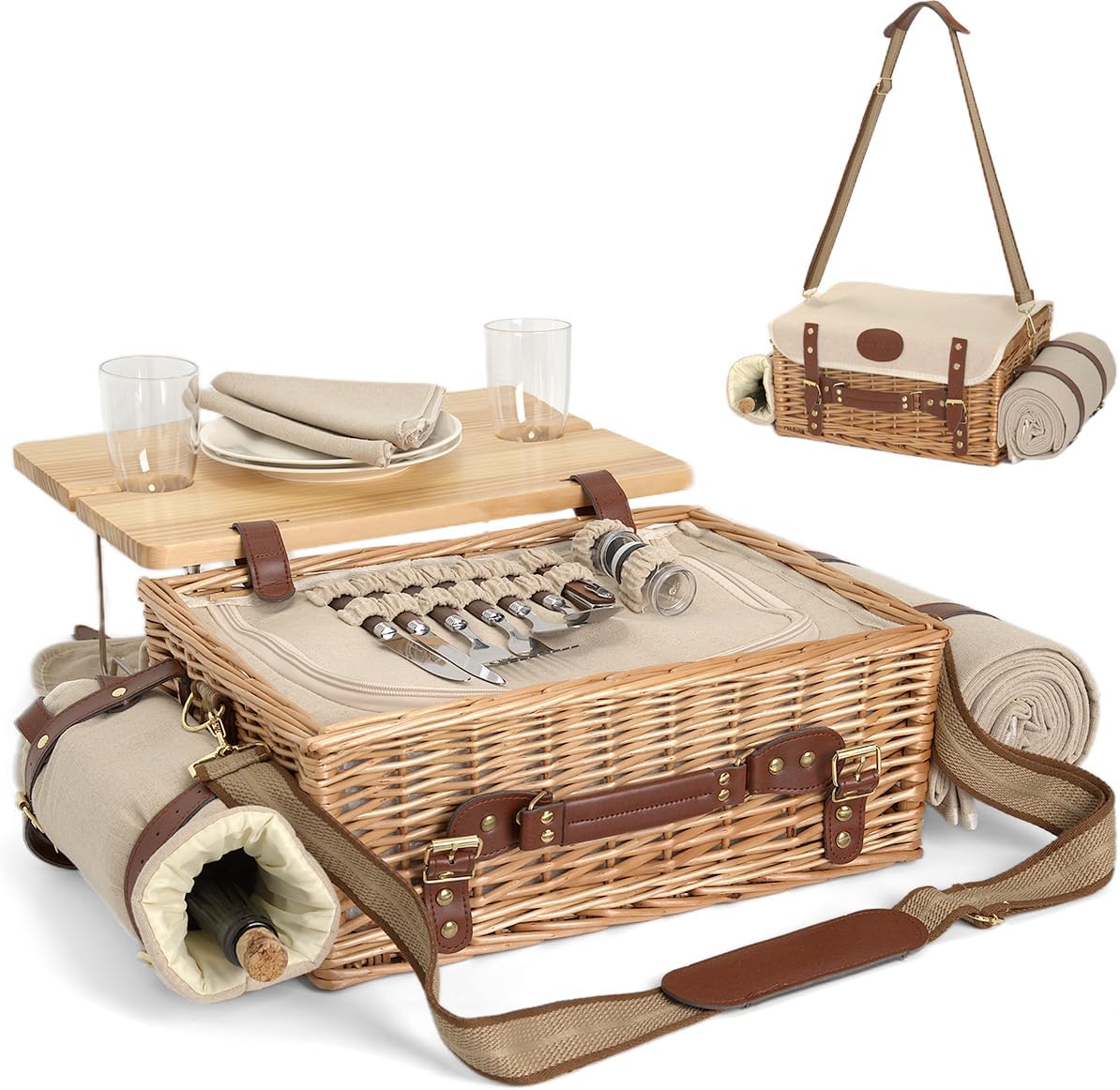 Set picnic mimbre con manta y mesa para 2