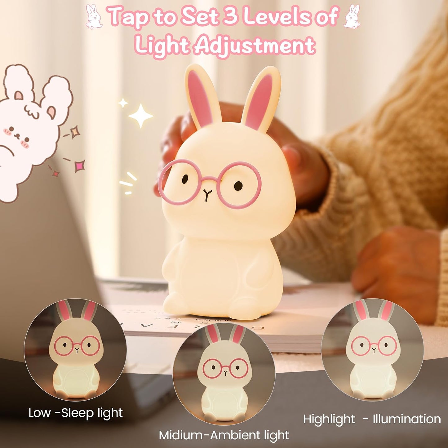 Luz de conejo nocturna LED recargable para dormitorio
