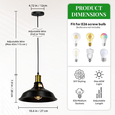 Lámpara colgante industrial negro dorado E26 para cocina