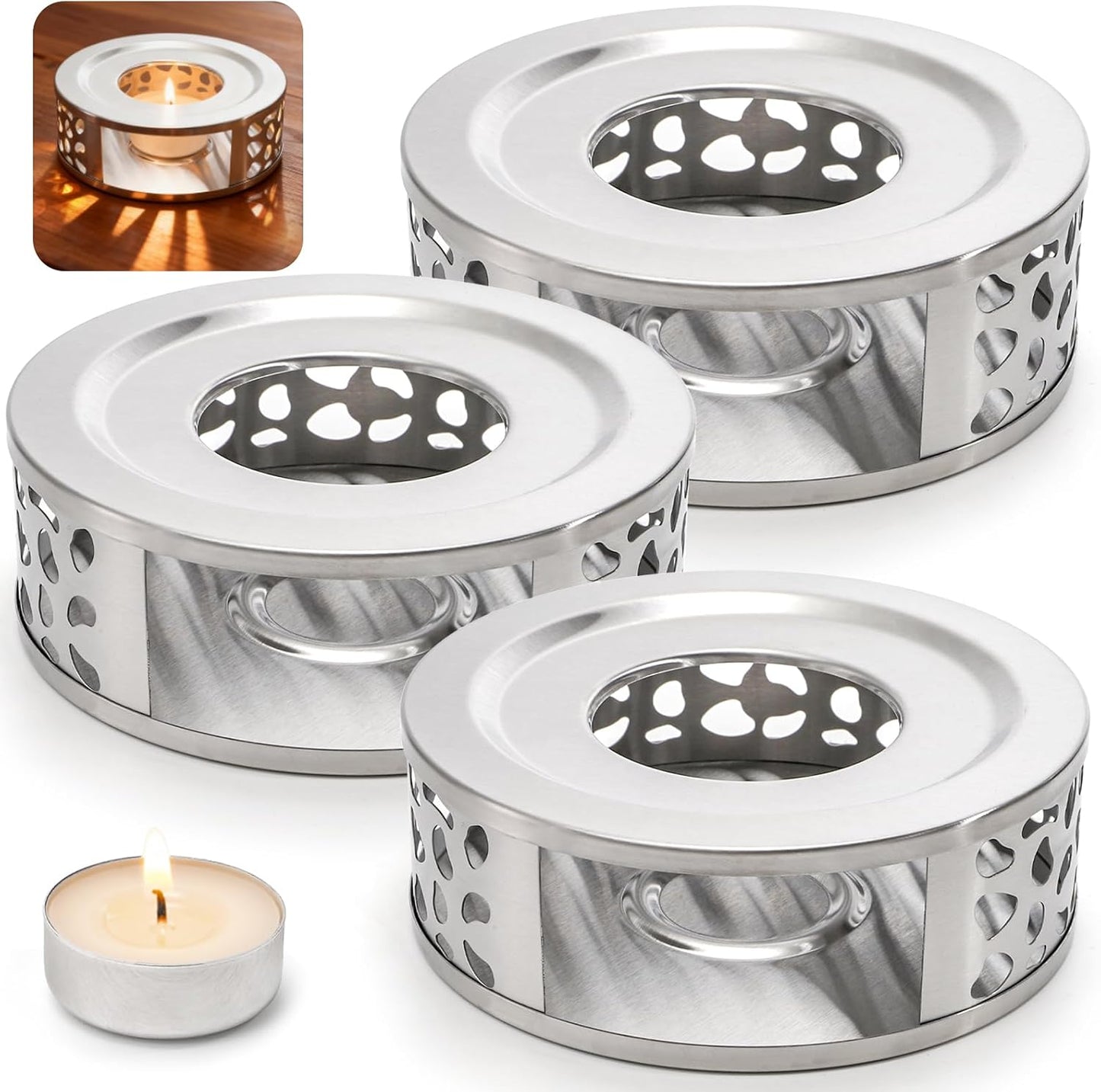 3 Pzas Calentador Té Acero Inox Base Universal Plateado