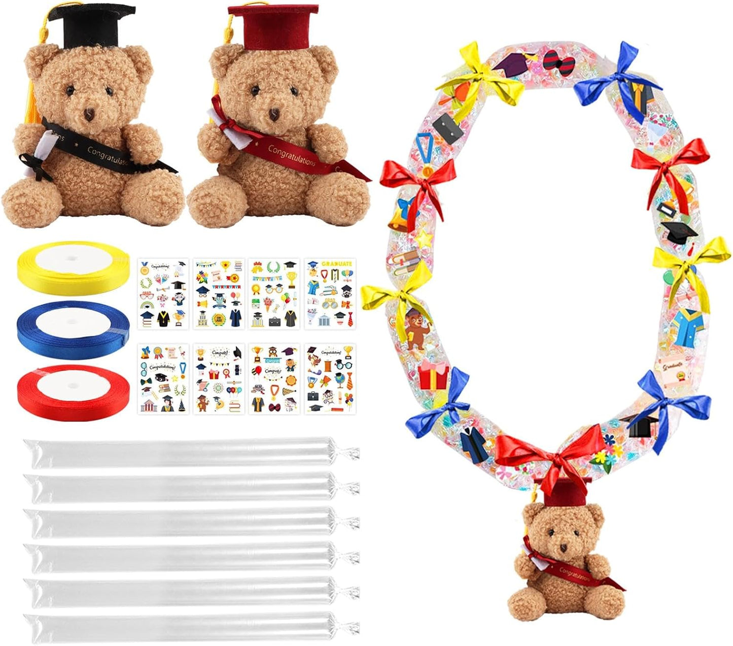 Kit graduación caramelo leis cinta oso peluche purpurina
