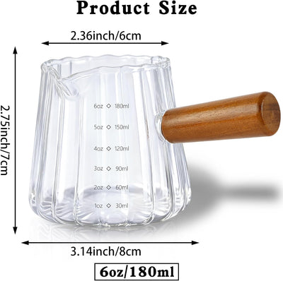 Vasos medidores vidrio 6oz con asa café leche transparente