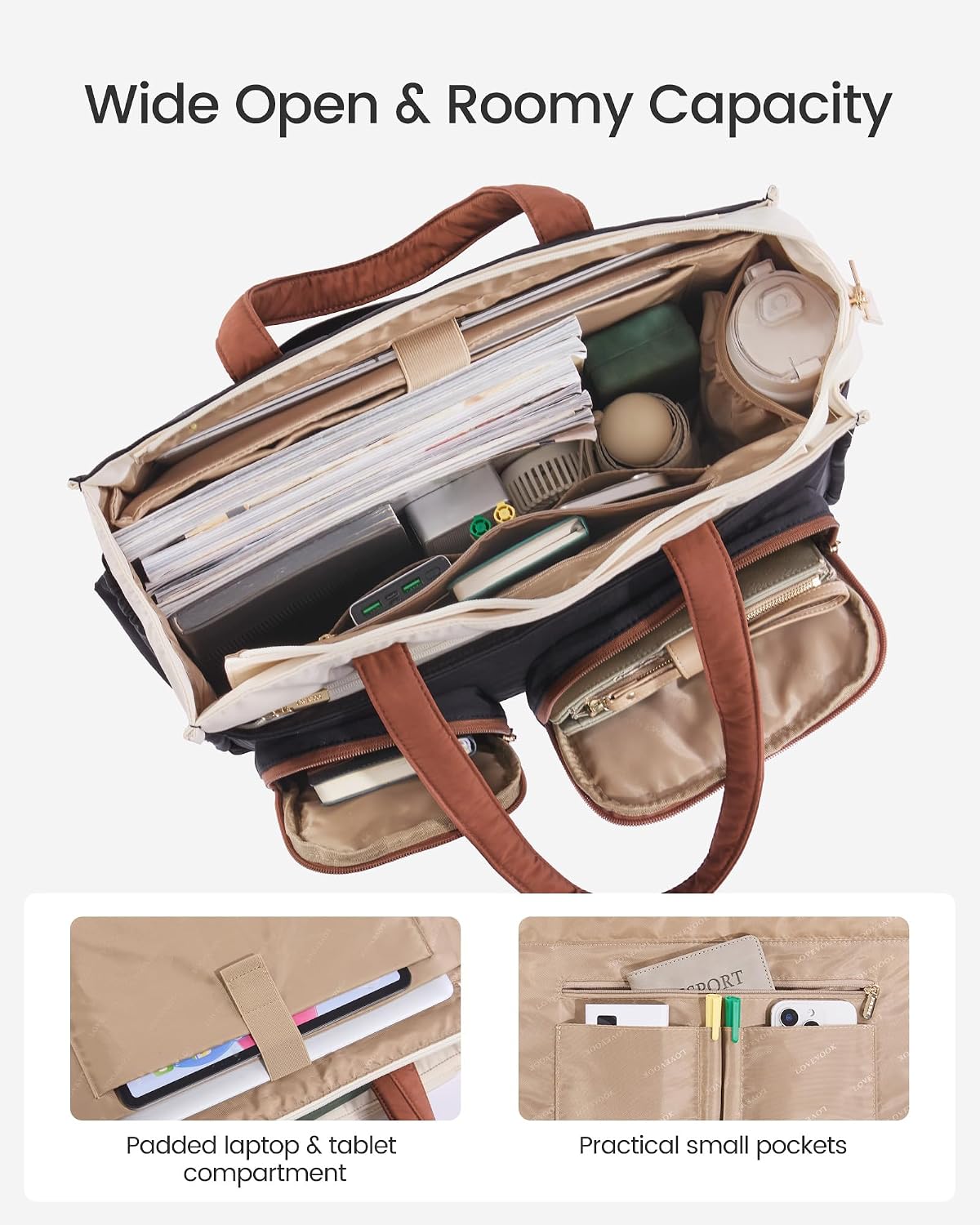 Bolso profesora con bolsillos laptop portavasos
