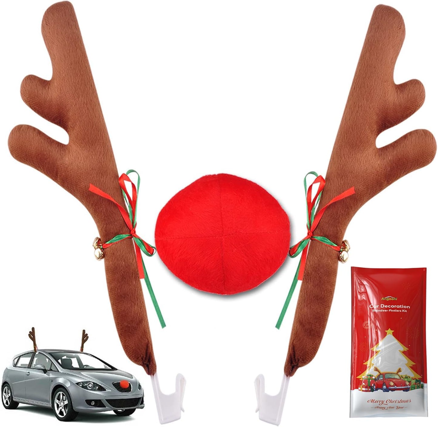 Cuernos y nariz de reno para auto navideño grande