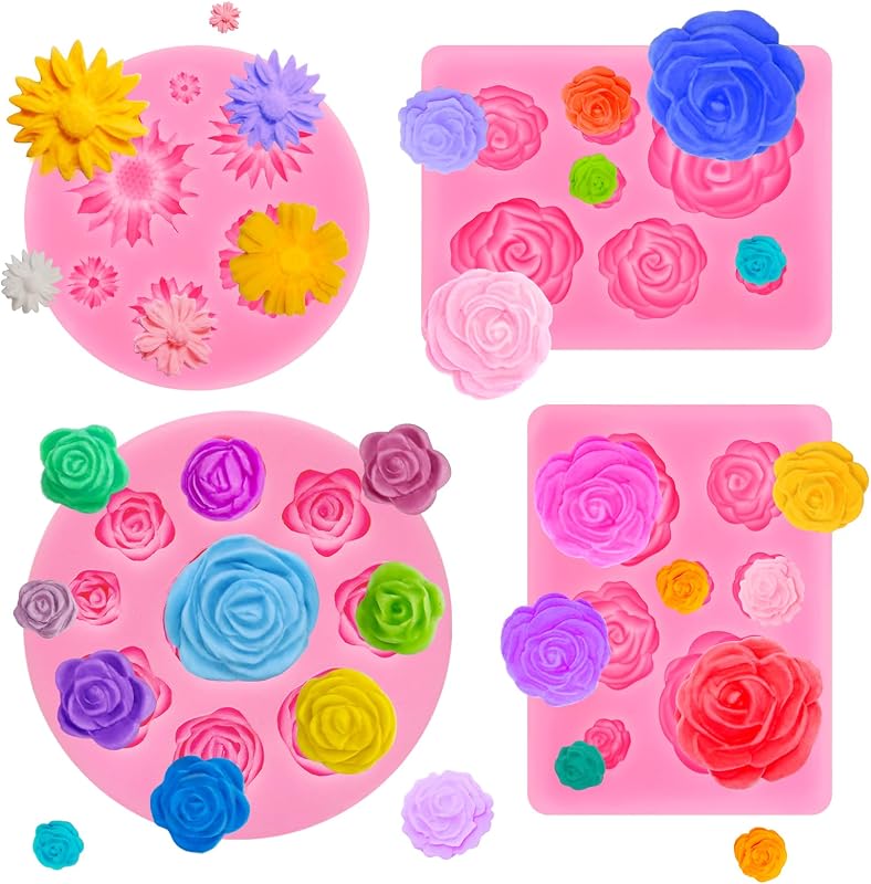 4 Moldes Silicona Flores Fondant Margarita Rosa Cupcakes Decoración