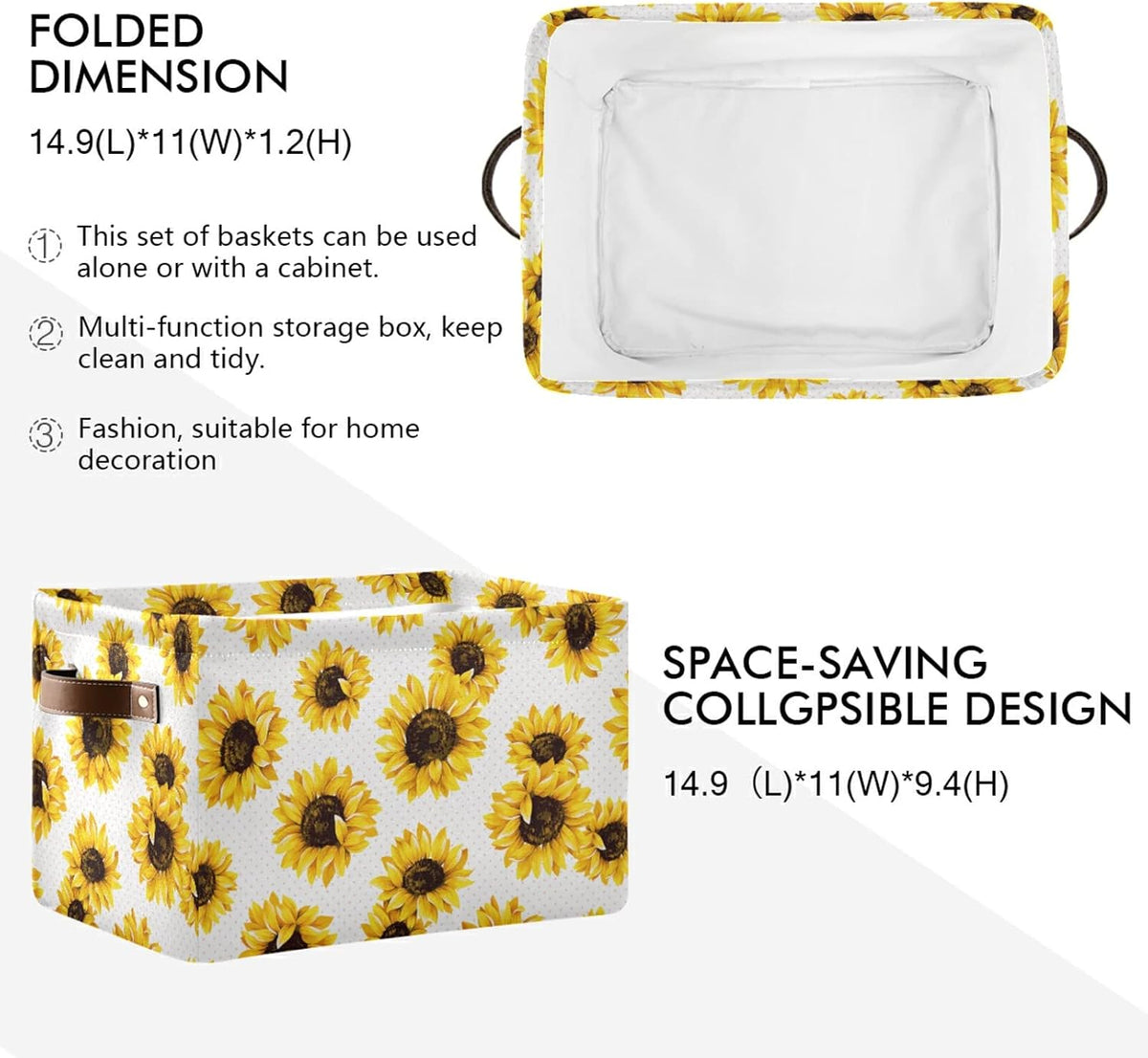 Cesta almacenamiento rectangular plegable con asas cuero