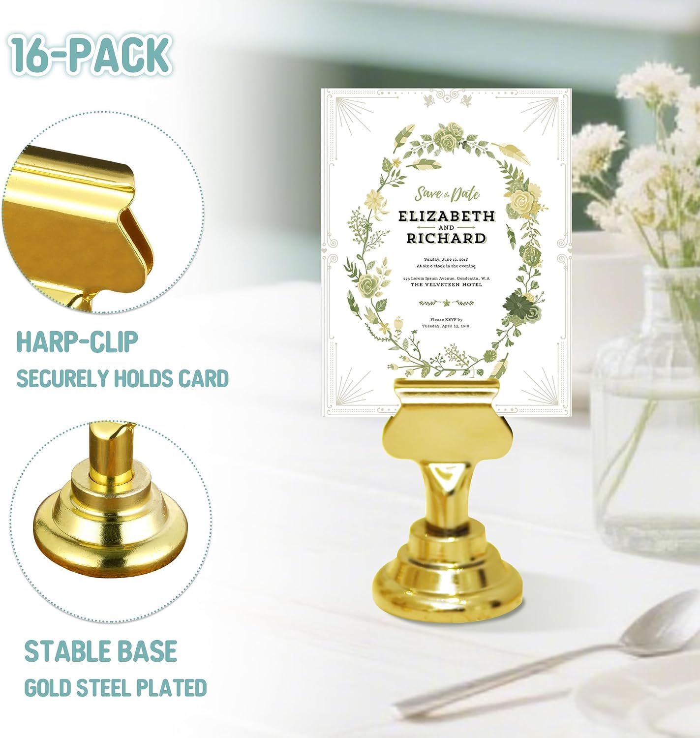 16 Tarjeteros Mesa Acero Dorado para Bodas Cumpleaños