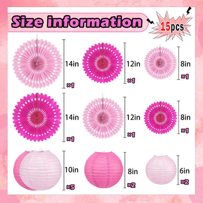 Set 15 Pzas Decoración Fiesta Rosa Faroles Papel Colgantes